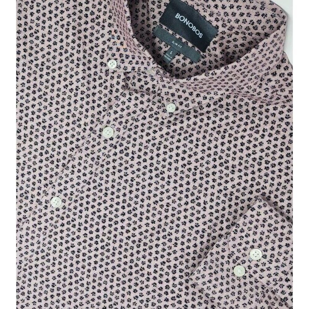 Bonobos Long Sleeve Button Down Shirt Men's Large Pink w/Black Flowers Slim Fit